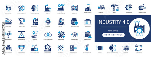 industry 4.0  icon set. smart factory, automation, iot, manufacturing, sensor, sustainable, supply chain, digitalization, robotics. editable solid vector illustration.