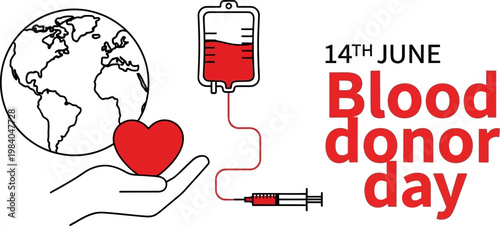 Minimalist vector illustration for World Blood Donor Day featuring a heart, globe, blood bag, and medical syringe