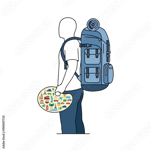 Man wearing big blue hiking backpack.