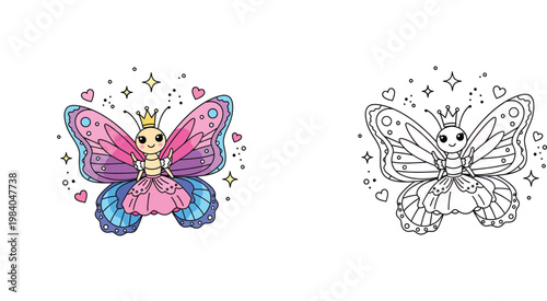 Cute Princess Butterfly Coloring Page for Kids, Fairy Butterfly Cartoon Character with Colored and Outline Versions for Coloring Book
