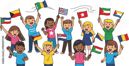 Celebrating flag day diverse children waving flags of many nations together