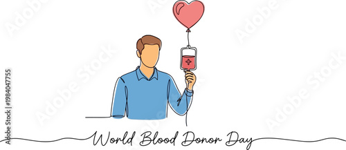 Minimalist continuous line drawing of a man holding a blood bag for World Blood Donor Day celebration event