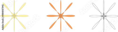 Set of abstract starburst shape design elements in yellow, orange, and outline colors for modern graphic projects