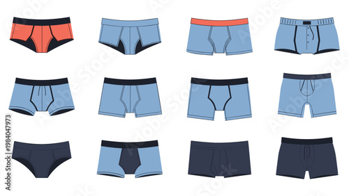 Set of twelve different styles and colors of men's underwear including boxers and briefs on a white background.