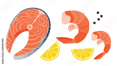 Fresh seafood platter elements including a salmon steak, large prawns, lemon slices, and black peppercorns.
