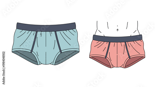 Illustration of two styles of men's cotton briefs underwear in light blue and peach colors on white background.