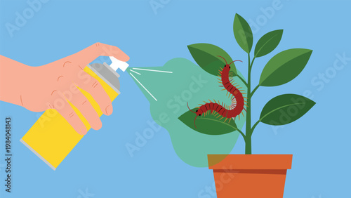 Hand using a yellow aerosol spray can to eliminate a large centipede pest crawling on a green houseplant.