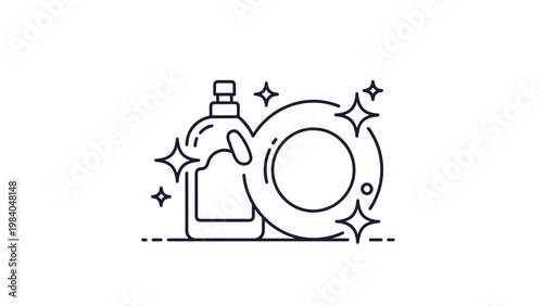 Minimalist black line icon representing dishwashing with a liquid soap bottle and a sparkling clean plate on white background.