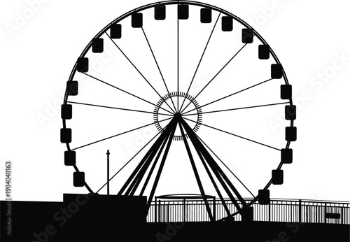 Ferris wheel silhouette, amusement park ride for entertainment and carnival landscape illustration