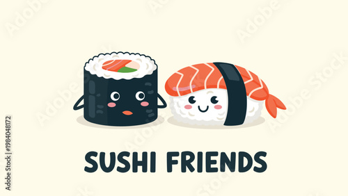 Pair of adorable smiling sushi characters including a maki roll and a shrimp nigiri with the text Sushi Friends.