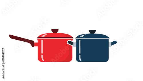 Set of two modern kitchen cooking vessels including a bright red saucepan with handle and a dark blue pot with lids.
