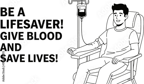 Minimalist line art vector illustration of a young man donating blood to save lives in a medical clinic