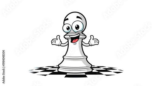Cheerful cartoon chess pawn character standing on a checkered game board with open arms and a big friendly smile.