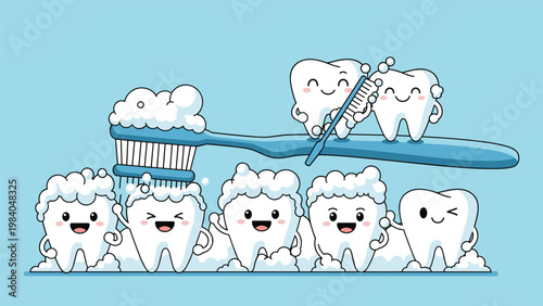 Healthy dental hygiene concept with happy cartoon teeth characters being cleaned with a large blue toothbrush and bubbles.