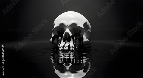 Dark gothic concept of death and mortality. Skull in black liquid and dark water. Human skull reflecting in dark oily pool representing poison or environmental pollution