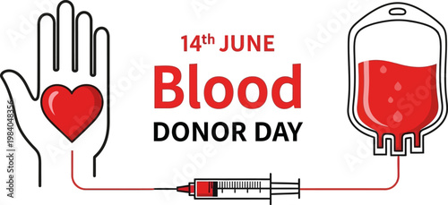 Flat vector illustration for World Blood Donor Day featuring a hand with heart, blood bag, and syringe