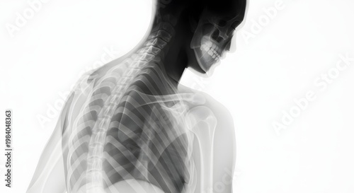X-ray of human neck and upper spine posture. Orthopedic health and cervical vertebrae. Lateral view scan of person showing skeletal structure and thoracic cavity