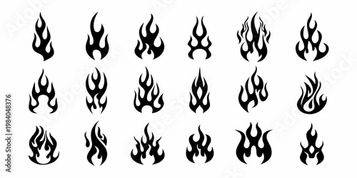 Collection of stylized black flame designs arranged in a grid pattern