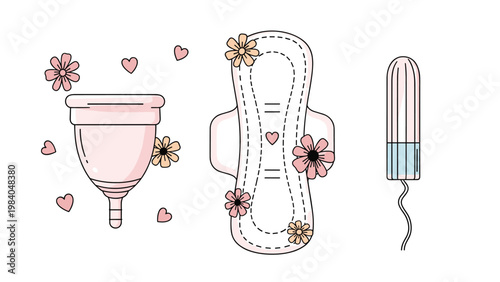 Eco friendly menstrual care set featuring a menstrual cup, pad, and tampon decorated with pink flowers and hearts.
