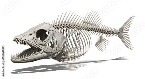 Skeletal structure of a predatory fish anatomy. Marine biology and evolution study. Full skeleton of a large fish with sharp teeth isolated on white background