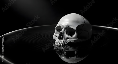 Human skull resting on dark water surface. Mortality and philosophical concept of life. Bone structure reflecting in black calm liquid under dramatic lighting
