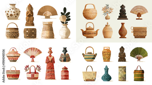 Watercolor decorative objects set with baskets, vases, fans, teapots and figurines in warm earthy tones, perfect for boho decor, craft branding and cultural design projects.