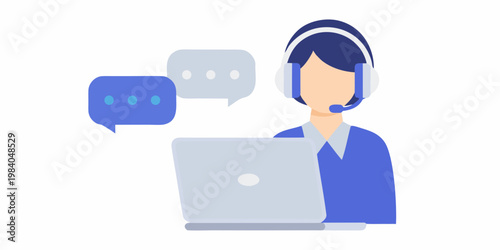 Customer support representative working with a laptop and headset