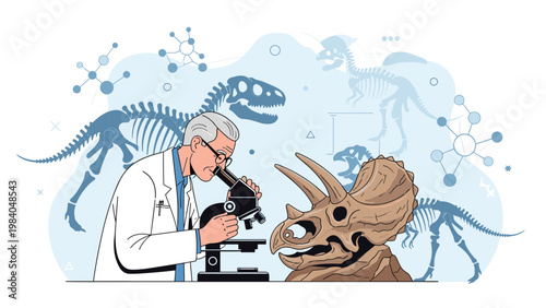 Male paleontologist in a lab coat uses a microscope to examine a triceratops skull with dinosaur skeleton shadows in the background.