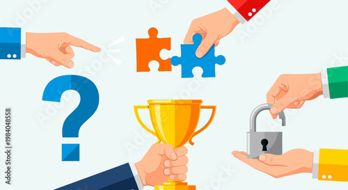 Teamwork puzzle solution, trophy, question mark, unlocked padlock, business concept