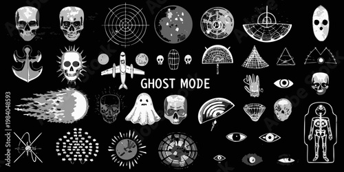 A collection of spooky monochrome illustrations featuring skulls and otherworldly themes