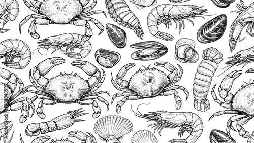 Seamless pattern featuring highly detailed black and white pen and ink sketches of various seafood like crabs shrimp and mussels.
