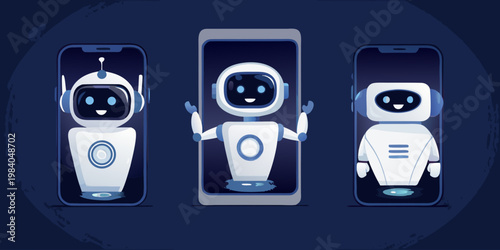 Three adorable robots displayed on smartphone screens against a blue backdrop