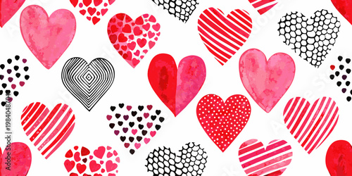 A seamless pattern of watercolor hearts in various shades of pink and red