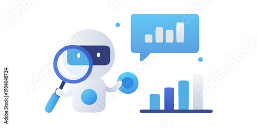 A robotic figure analyzes data visualizations with a magnifying glass