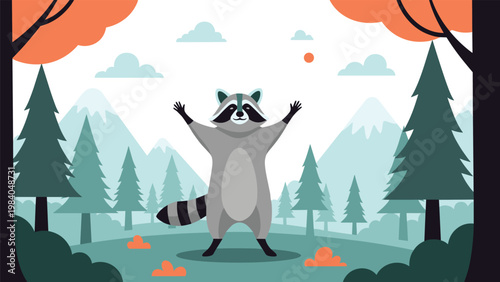 Friendly raccoon stands with open arms in a peaceful mountain forest landscape under a cloudy sky during the autumn season.