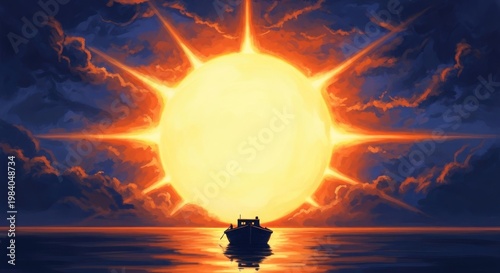 Fiery sunburst over water a small boat silhouetted against the intense glow