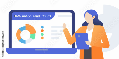 Woman presenting data analysis results on a large computer screen