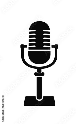 Vintage microphone icon in black on a transparent background. Flat vector symbol for podcast, audio recording, radio broadcast, singing, interviews, announcements, and voice media branding.