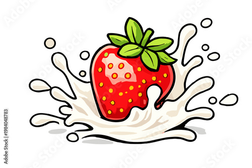 Ripe red strawberry with green leaves dropping into a creamy milk splash in glossy vector style. Fresh dessert and yogurt concept isolated on transparent background.