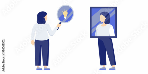 Woman examining her reflection with a magnifying glass and idea