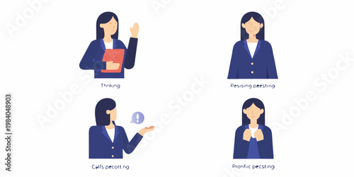 Four illustrations depicting a businesswoman in different professional situations