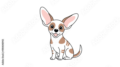Cute chihuahua dog with large ears and brown spots is illustrated sitting and smiling in a simple cartoon style.