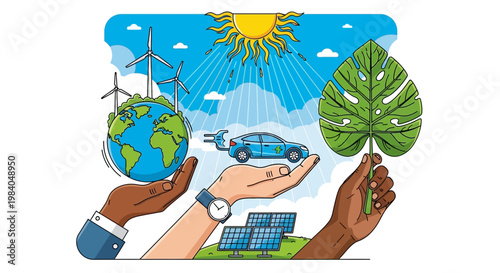 Sustainable Future: Hands holding Earth, electric car, solar panels, wind turbines, and leaf