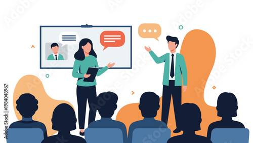 Business presentation scene features speakers on stage and on screen talking to a seated audience with speech bubbles.