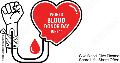 Minimalist World Blood Donor Day vector graphic with a clenched fist heart and blood drop on white background