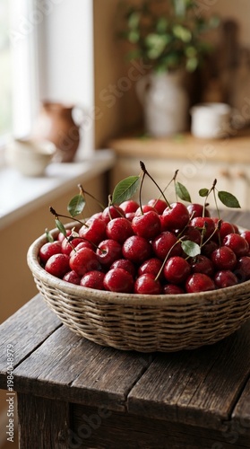 Fresh Ripe Sweet Cherries in a Wicker Basket on a Rustic Wooden Kitchen Table