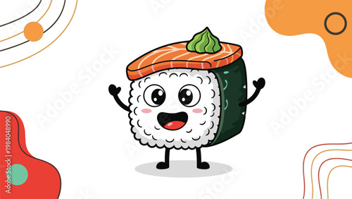 Cute happy sushi character featuring a piece of salmon nigiri with wasabi on top and an expressive smiling face.