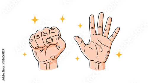 Two hands showing a closed fist and an open palm with five fingers surrounded by small sparkling stars for emphasis.