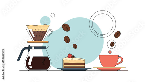 Coffee preparation scene with a pour-over carafe, a slice of cake, a cup of coffee, and floating roasted beans.
