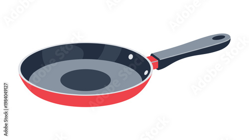 Red frying pan with a non-stick coating and black handle shown in an isometric view for cooking and kitchen themes.